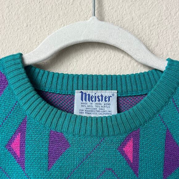 Vintage Meister 80s Retro Teal Purple Geometric Sweater Size M - Picture 6 of 8